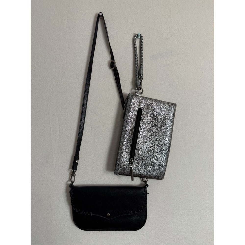 The Sak Black/Silver Metallic Whipstitch Crossbody Bag + Wristlet Pouch Set